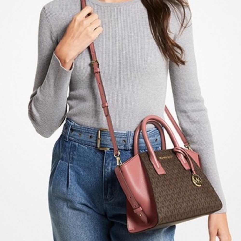 Michael Kors Avril Small Logo Top-Zip Satchel Sunset Rose - Picture 3 of 16
